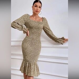 Floral Smocked Long-Sleeve Ruffle Hem Dress